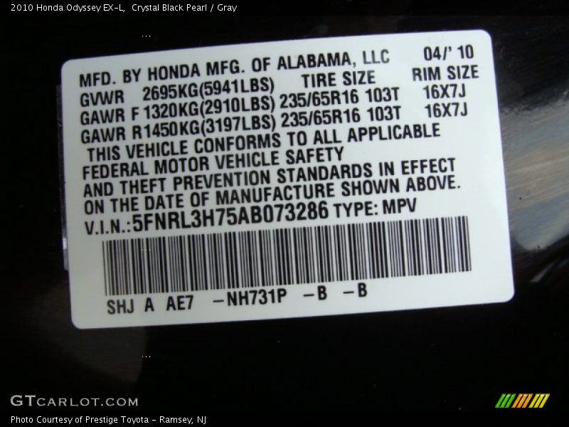 Crystal Black Pearl / Gray 2010 Honda Odyssey EX-L