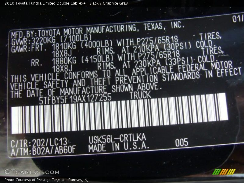2010 Tundra Limited Double Cab 4x4 Black Color Code 202
