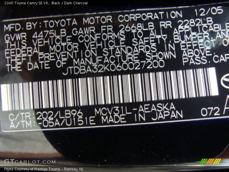 Black / Dark Charcoal 2006 Toyota Camry SE V6