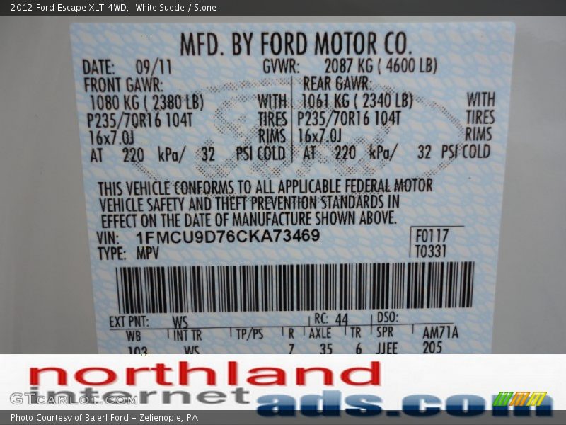 White Suede / Stone 2012 Ford Escape XLT 4WD