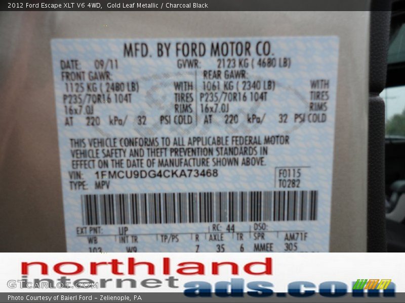 Gold Leaf Metallic / Charcoal Black 2012 Ford Escape XLT V6 4WD