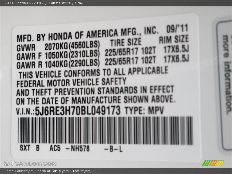 Taffeta White / Gray 2011 Honda CR-V EX-L