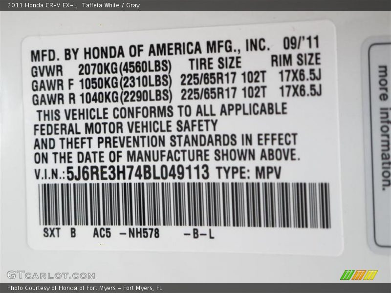 Taffeta White / Gray 2011 Honda CR-V EX-L