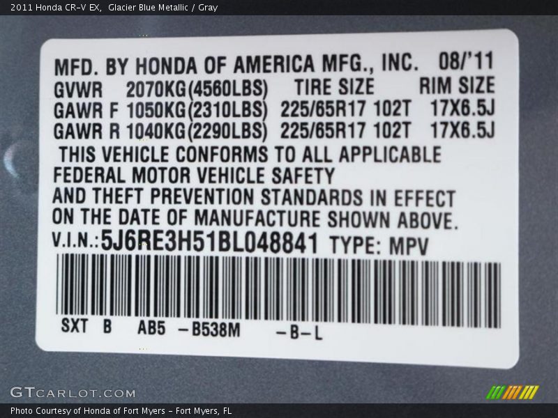 Glacier Blue Metallic / Gray 2011 Honda CR-V EX