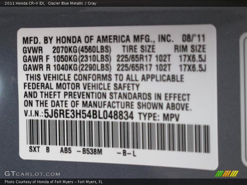 Glacier Blue Metallic / Gray 2011 Honda CR-V EX