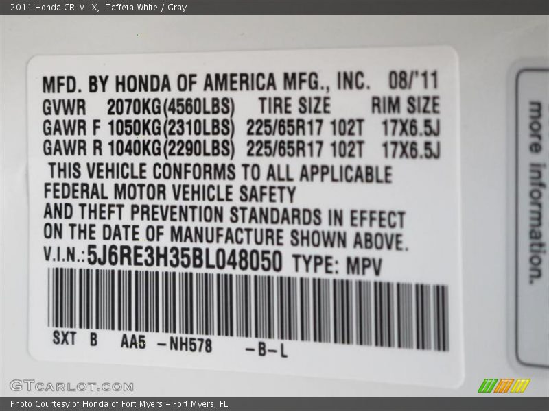 Taffeta White / Gray 2011 Honda CR-V LX