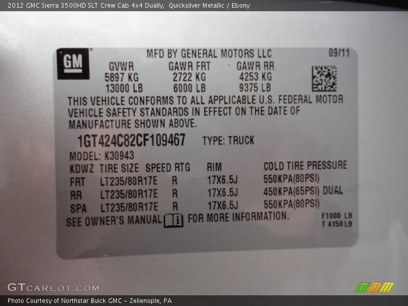 Quicksilver Metallic / Ebony 2012 GMC Sierra 3500HD SLT Crew Cab 4x4 Dually