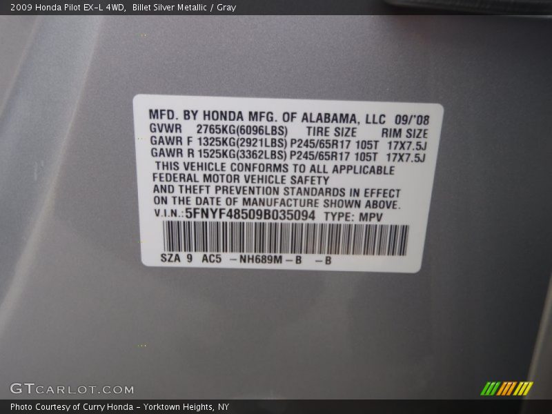 Billet Silver Metallic / Gray 2009 Honda Pilot EX-L 4WD