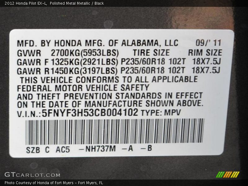 Polished Metal Metallic / Black 2012 Honda Pilot EX-L
