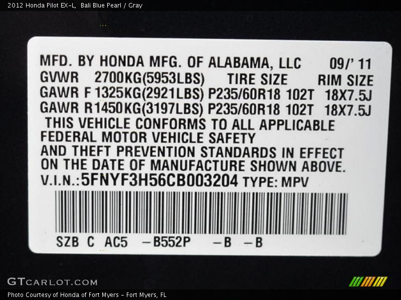 Bali Blue Pearl / Gray 2012 Honda Pilot EX-L