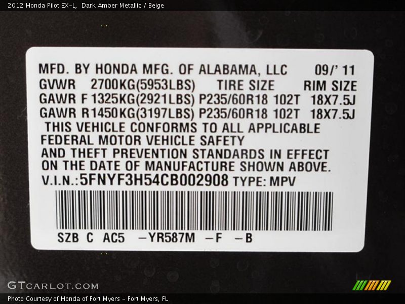 Dark Amber Metallic / Beige 2012 Honda Pilot EX-L