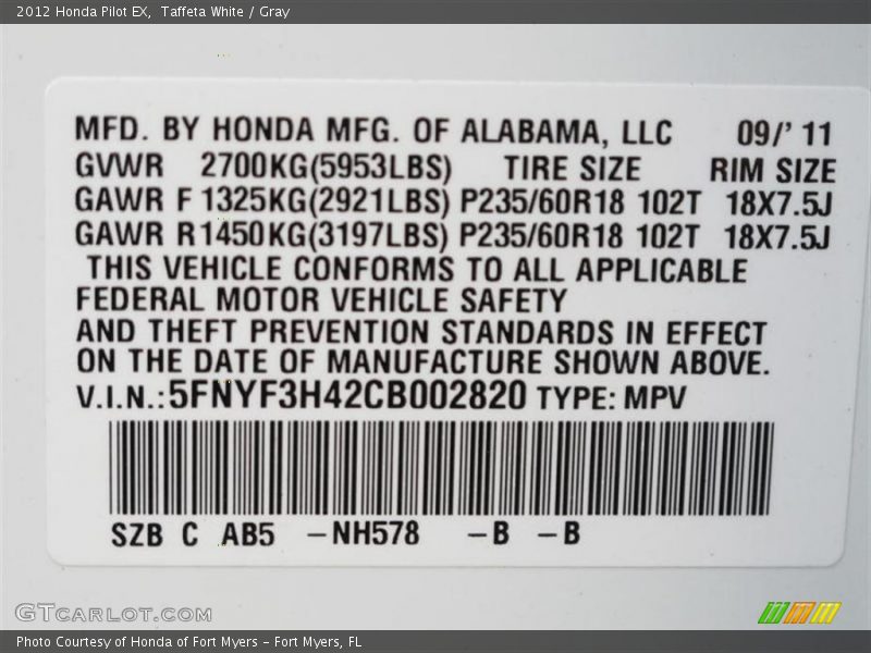 Taffeta White / Gray 2012 Honda Pilot EX