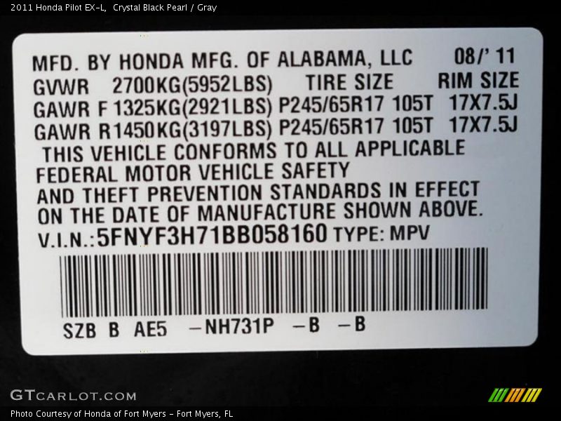 Crystal Black Pearl / Gray 2011 Honda Pilot EX-L