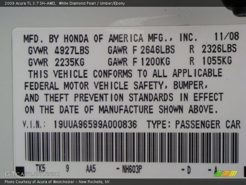 White Diamond Pearl / Umber/Ebony 2009 Acura TL 3.7 SH-AWD