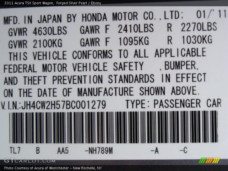 2011 TSX Sport Wagon Forged Silver Pearl Color Code NH789M