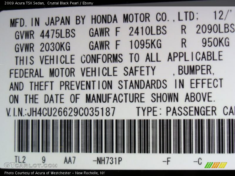 Crystal Black Pearl / Ebony 2009 Acura TSX Sedan