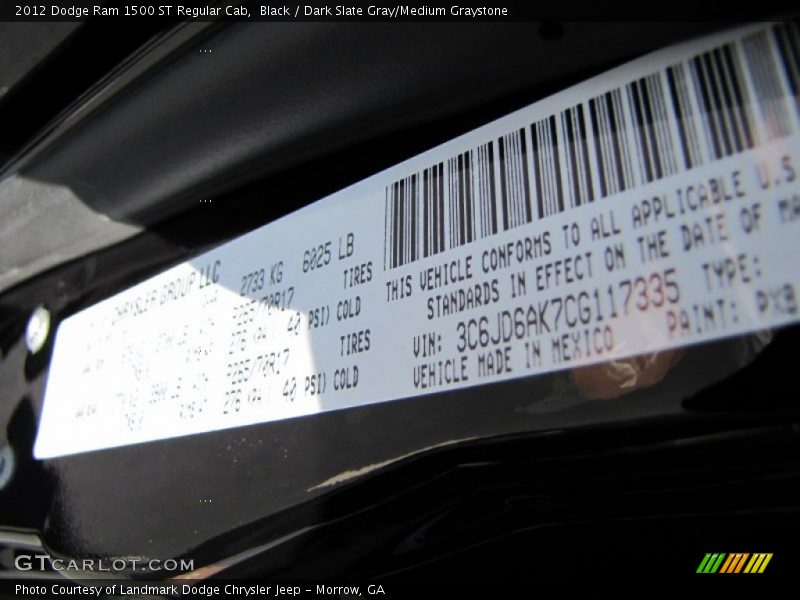 Black / Dark Slate Gray/Medium Graystone 2012 Dodge Ram 1500 ST Regular Cab