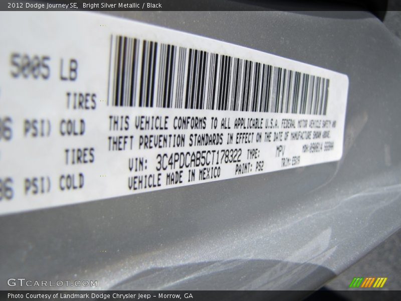 Bright Silver Metallic / Black 2012 Dodge Journey SE