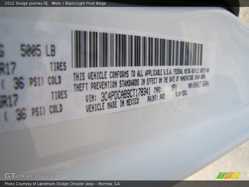 White / Black/Light Frost Beige 2012 Dodge Journey SE