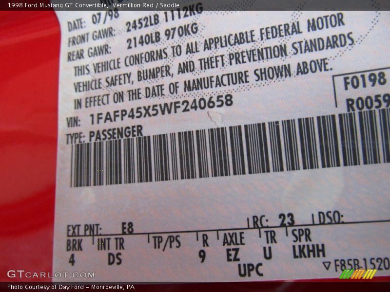 1998 Mustang GT Convertible Vermillion Red Color Code E8