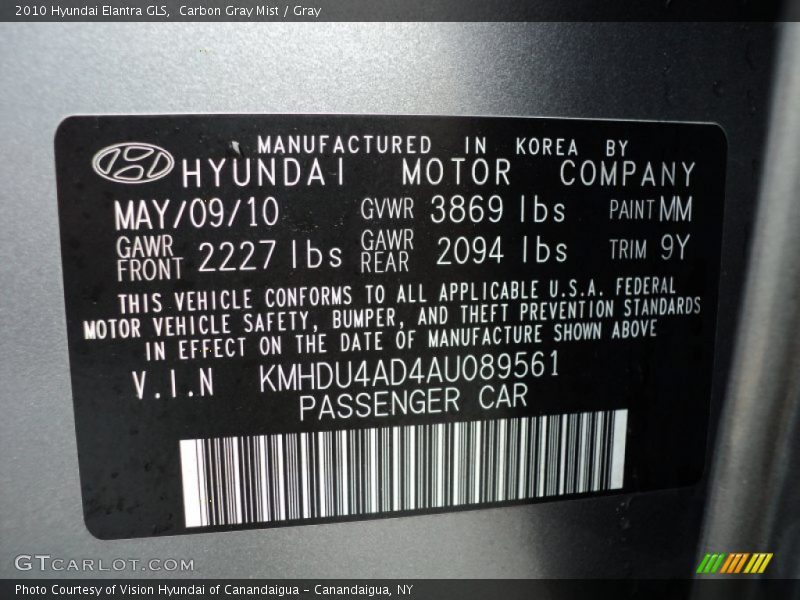 Carbon Gray Mist / Gray 2010 Hyundai Elantra GLS