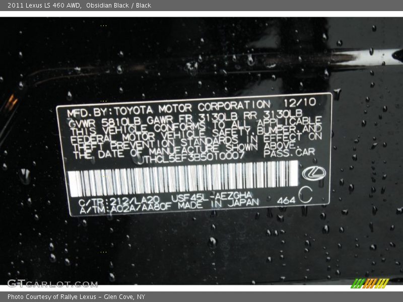 2011 LS 460 AWD Obsidian Black Color Code 212