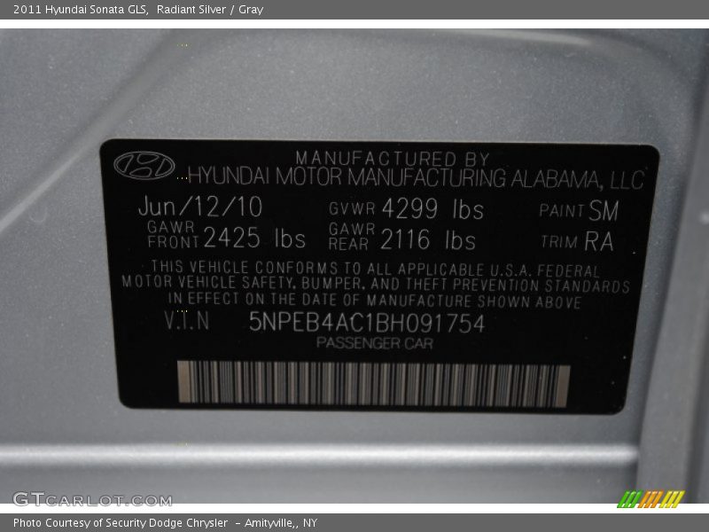 Radiant Silver / Gray 2011 Hyundai Sonata GLS