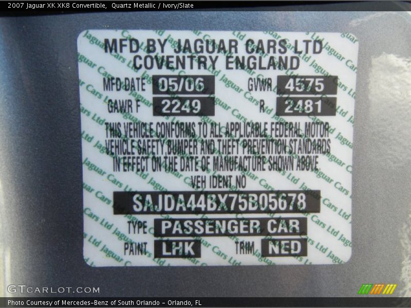2007 XK XK8 Convertible Quartz Metallic Color Code LHK