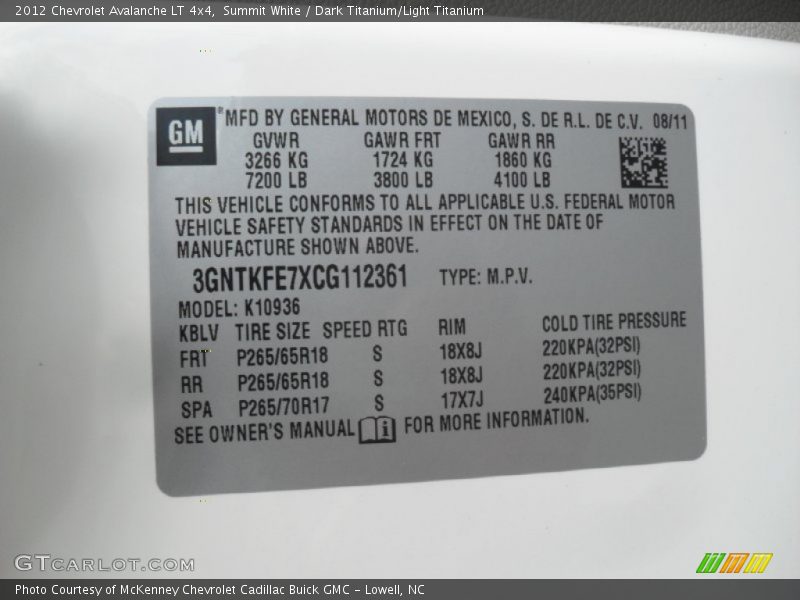 Info Tag of 2012 Avalanche LT 4x4