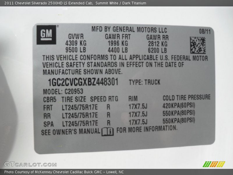 Info Tag of 2011 Silverado 2500HD LS Extended Cab