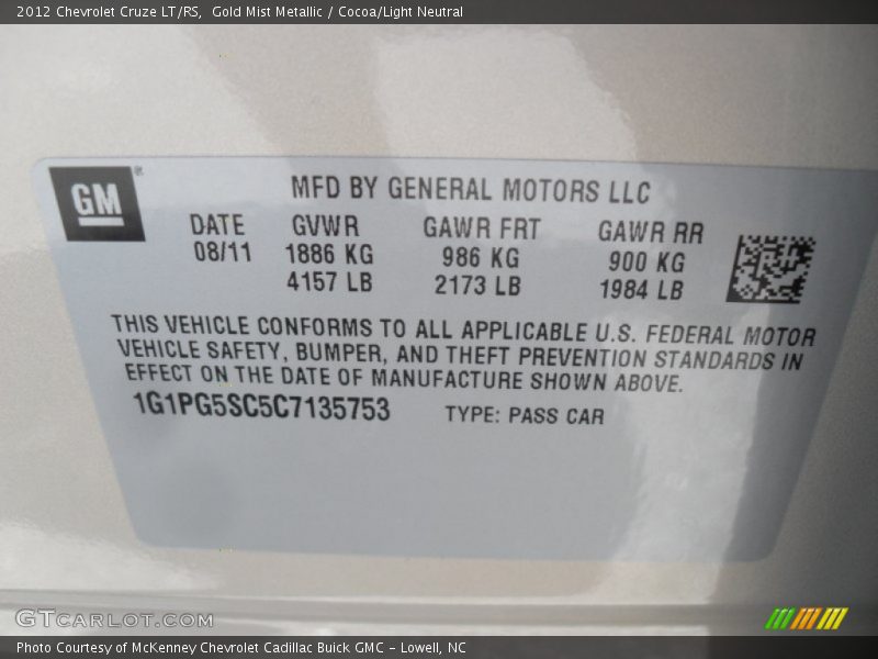 Gold Mist Metallic / Cocoa/Light Neutral 2012 Chevrolet Cruze LT/RS
