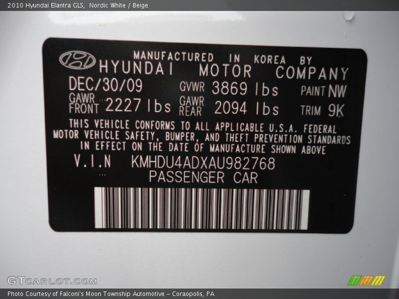 Nordic White / Beige 2010 Hyundai Elantra GLS