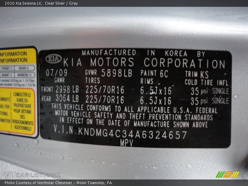 Clear Silver / Gray 2010 Kia Sedona LX