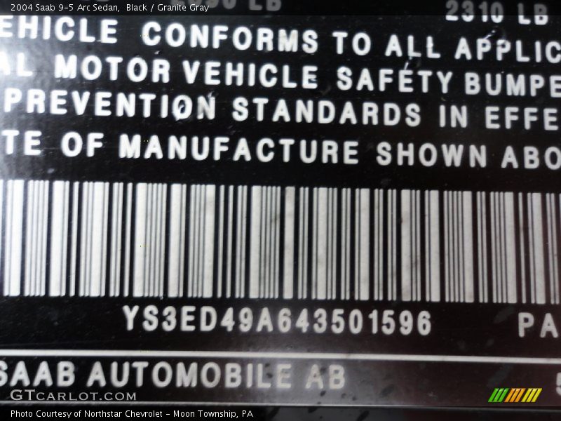 Black / Granite Gray 2004 Saab 9-5 Arc Sedan