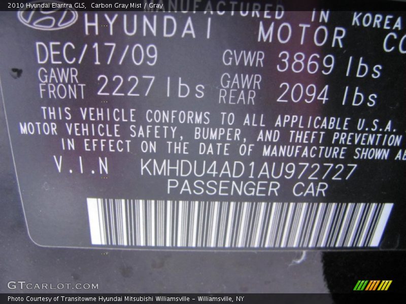 Carbon Gray Mist / Gray 2010 Hyundai Elantra GLS