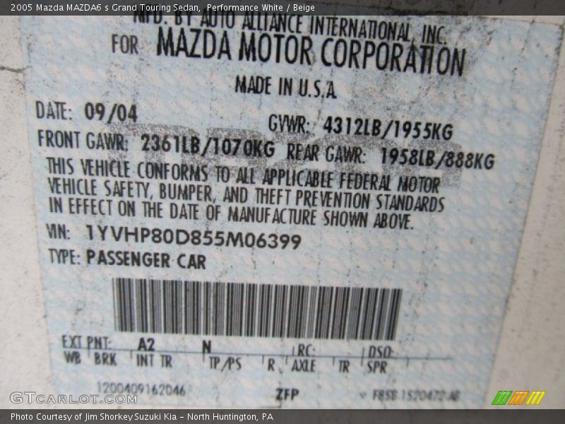 Performance White / Beige 2005 Mazda MAZDA6 s Grand Touring Sedan
