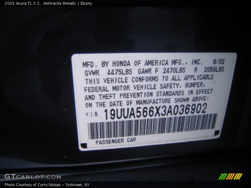 Anthracite Metallic / Ebony 2003 Acura TL 3.2