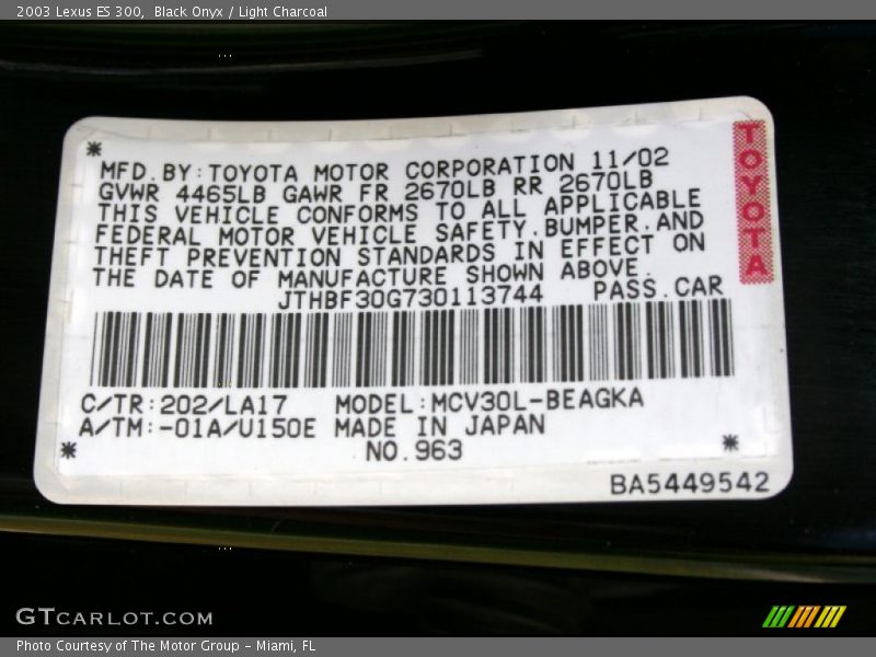 Black Onyx / Light Charcoal 2003 Lexus ES 300