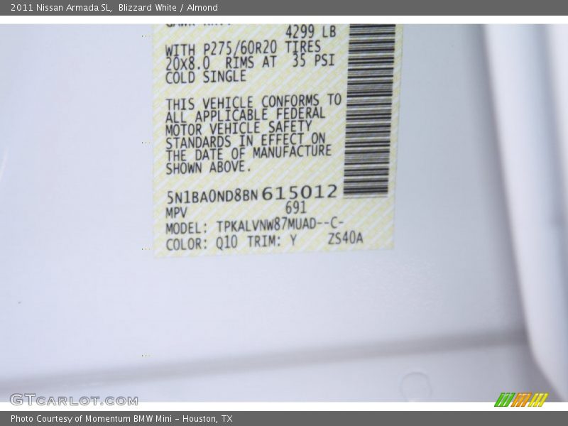 Blizzard White / Almond 2011 Nissan Armada SL