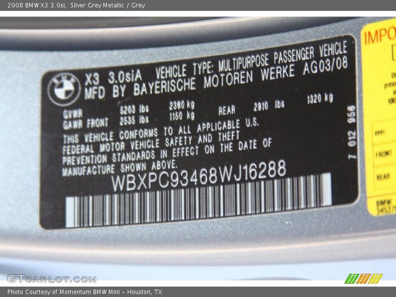 Silver Grey Metallic / Grey 2008 BMW X3 3.0si