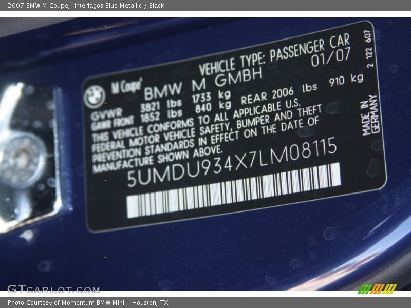 Info Tag of 2007 M Coupe