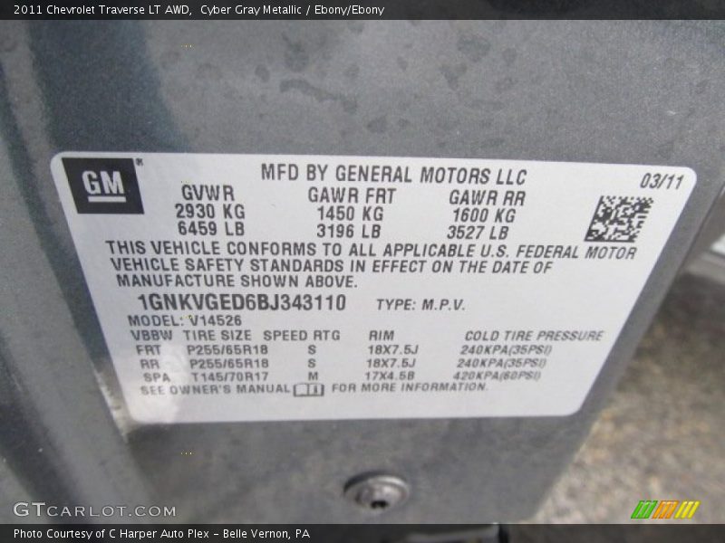Cyber Gray Metallic / Ebony/Ebony 2011 Chevrolet Traverse LT AWD