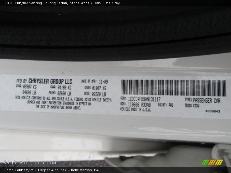 Stone White / Dark Slate Gray 2010 Chrysler Sebring Touring Sedan