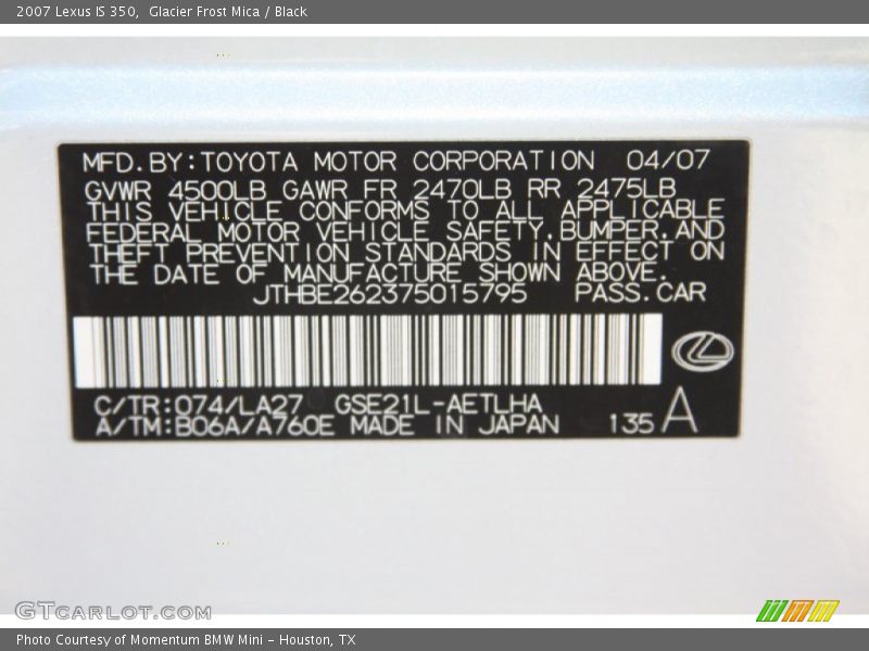 Glacier Frost Mica / Black 2007 Lexus IS 350