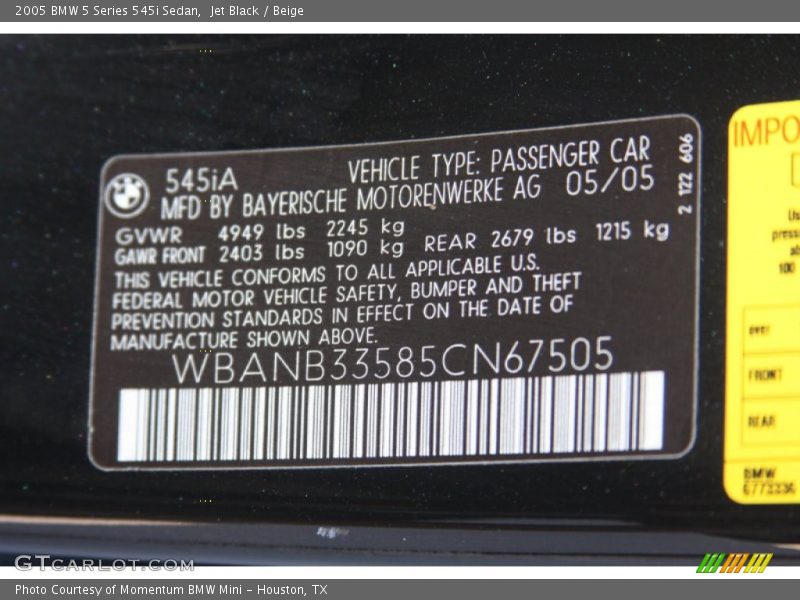 Jet Black / Beige 2005 BMW 5 Series 545i Sedan