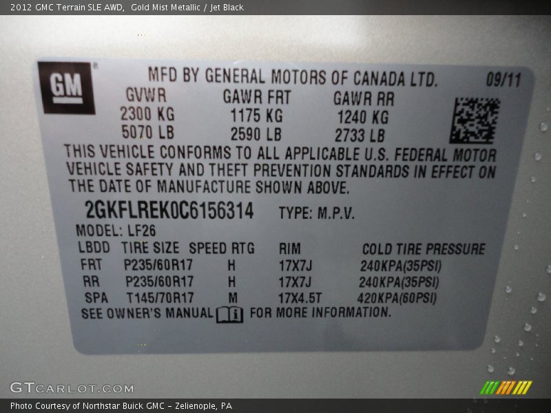 Gold Mist Metallic / Jet Black 2012 GMC Terrain SLE AWD