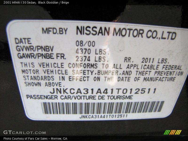 Black Obsidian / Beige 2001 Infiniti I 30 Sedan