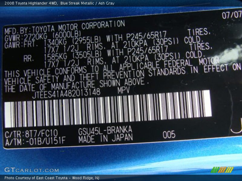 Blue Streak Metallic / Ash Gray 2008 Toyota Highlander 4WD