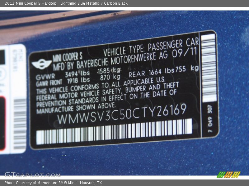 Lightning Blue Metallic / Carbon Black 2012 Mini Cooper S Hardtop