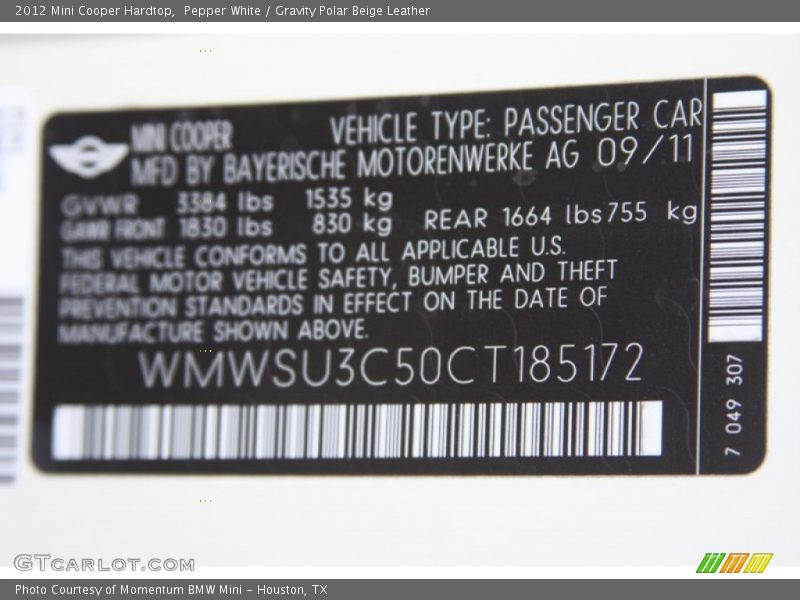 Pepper White / Gravity Polar Beige Leather 2012 Mini Cooper Hardtop